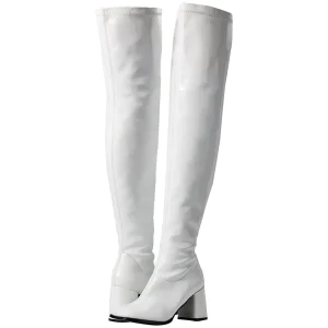 Blanches bottes cuissardes vinyle - années 70 en - hippie disco gogo botte cuissarde à talon carré 7,5 cm