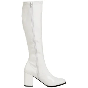 Bottes blanches en cuir verni années 70 - hippie disco gogo botte haute à talon carré 7,5 cm