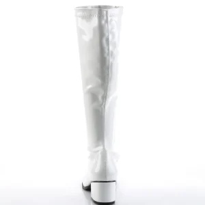 Bottes blanches en cuir verni années 70 - hippie disco gogo botte haute à talon carré 5 cm