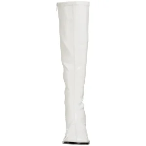 Bottes blanches en cuir verni années 70 - hippie disco gogo botte haute à talon carré 7,5 cm