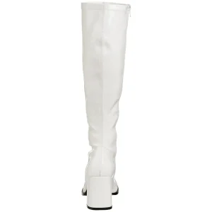 Bottes blanches en cuir verni années 70 - hippie disco gogo botte haute à talon carré 7,5 cm