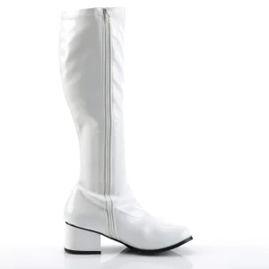 Bottes blanches en cuir verni années 70 - hippie disco gogo botte haute à talon carré 5 cm