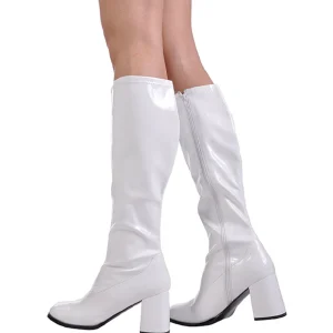 Bottes blanches en cuir verni années 70 - hippie disco gogo botte haute à talon carré 7,5 cm