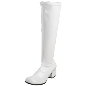 Bottes blanches en cuir verni années 70 - hippie disco gogo botte haute à talon carré 5 cm