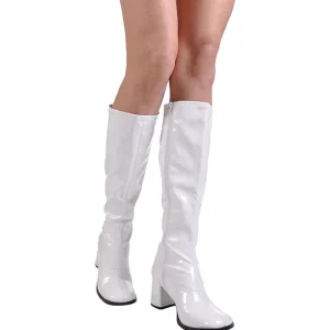 Bottes blanches en cuir verni années 70 - hippie disco gogo botte haute à talon carré 7,5 cm