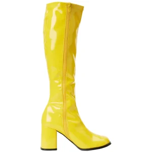 Bottes jaunes en cuir verni années 70 - hippie disco gogo botte haute à talon carré 7,5 cm