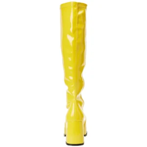 Bottes jaunes en cuir verni années 70 - hippie disco gogo botte haute à talon carré 7,5 cm