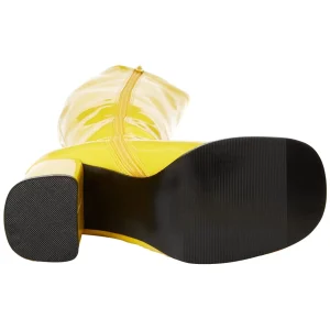 Bottes jaunes en cuir verni années 70 - hippie disco gogo botte haute à talon carré 7,5 cm