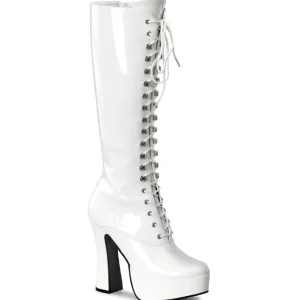 Bottes lacets plateforme blanches verni années 70 - hippie disco gogo botte haute à talon carré 13 cm
