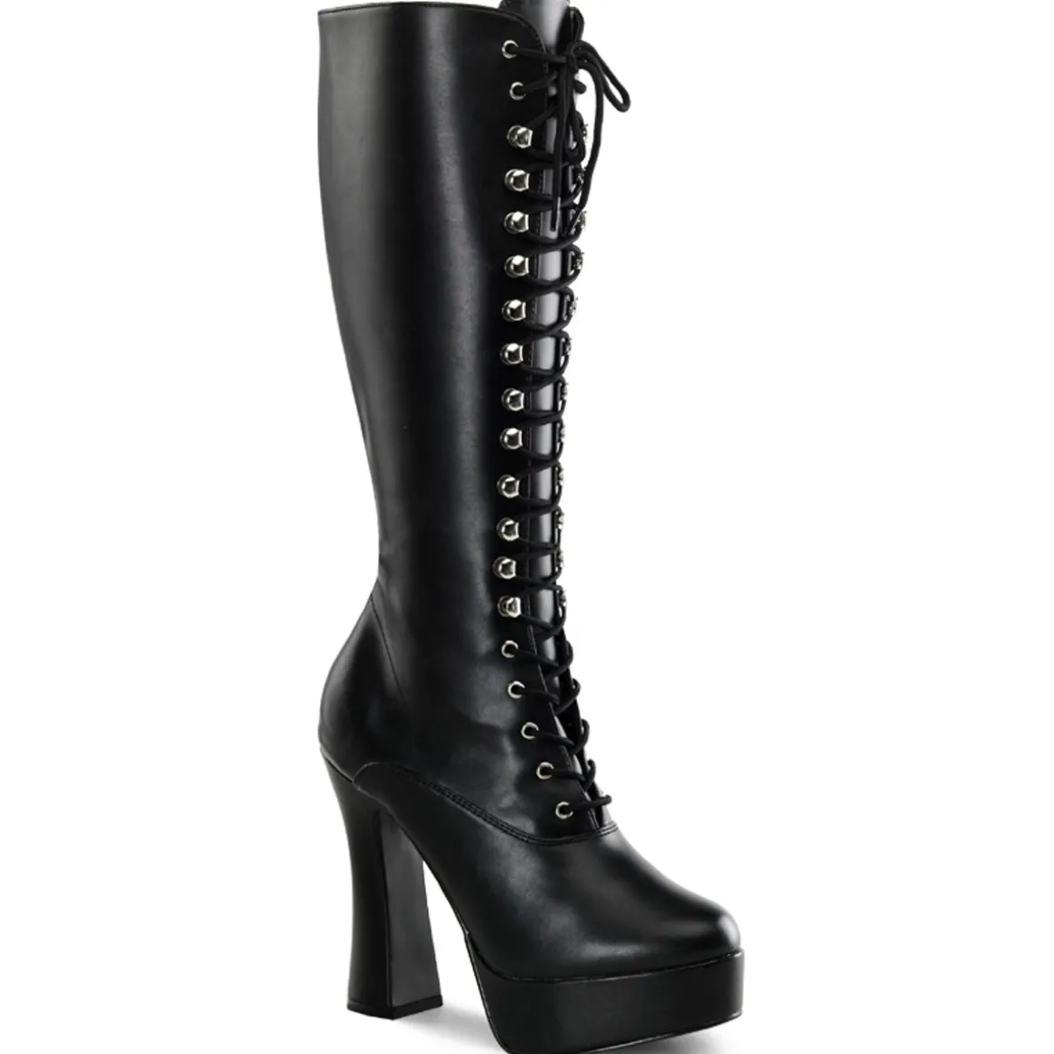 bottes_lacets_plateforme__0-3.webp Bottes lacets plateforme noires vinyle années 70 - hippie disco gogo botte haute à talon carré 13 cm