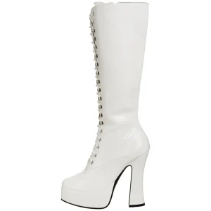Bottes lacets plateforme blanches verni années 70 - hippie disco gogo botte haute à talon carré 13 cm