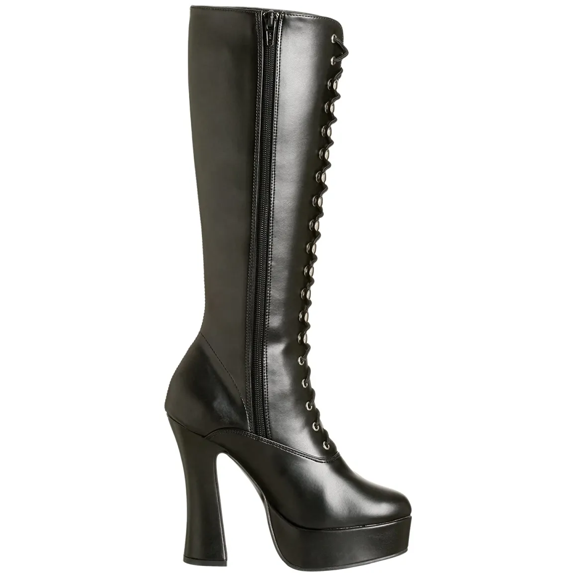 bottes_lacets_plateforme__2-3.webp Bottes lacets plateforme noires vinyle années 70 - hippie disco gogo botte haute à talon carré 13 cm