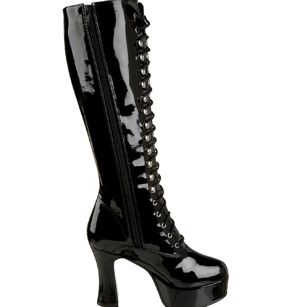 bottes_lacets_plateforme__2.webp Bottes lacets plateforme noires verni années 70 - hippie disco gogo botte haute à talon carré 13 cm