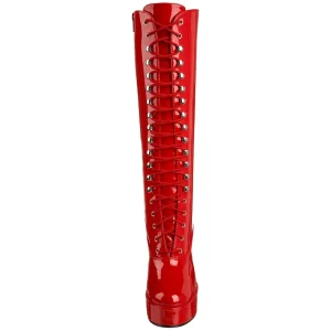 Bottes lacets plateforme rouges verni années 70 - hippie disco gogo botte haute à talon carré 13 cm