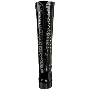 Bottes lacets plateforme noires verni années 70 - hippie disco gogo botte haute à talon carré 10 cm
