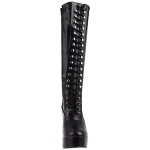 Bottes lacets plateforme noires vinyle années 70 - hippie disco gogo botte haute à talon carré 13 cm