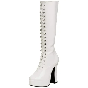 Bottes lacets plateforme blanches verni années 70 - hippie disco gogo botte haute à talon carré 13 cm