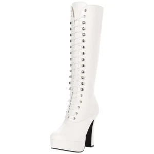 Bottes lacets plateforme blanches vinyle années 70 - hippie disco gogo botte haute à talon carré 13 cm