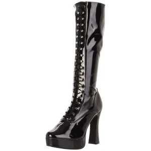 Bottes lacets plateforme noires verni années 70 - hippie disco gogo botte haute à talon carré 13 cm