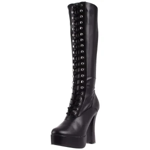 Bottes lacets plateforme noires vinyle années 70 - hippie disco gogo botte haute à talon carré 13 cm
