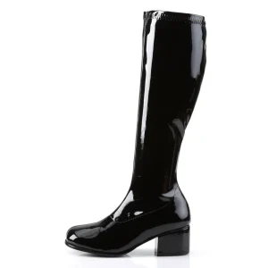 Bottes noires en cuir verni années 70 - hippie disco gogo botte haute à talon carré 5 cm