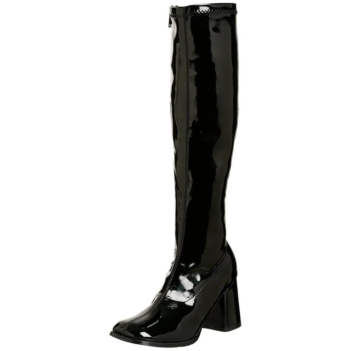 bottes_noires_en_cuir_ver_5-1.webp Bottes noires en cuir verni années 70 - hippie disco gogo botte haute à talon carré 7,5 cm