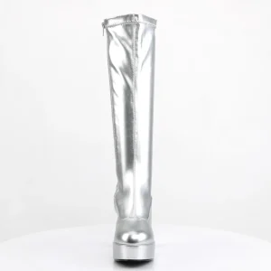 Bottes plateforme argentés verni années 70 - hippie disco botte haute à talon carré 10 cm