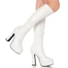 Bottes plateforme blanches vinyle années 70 - hippie disco botte haute à talon carré 13 cm