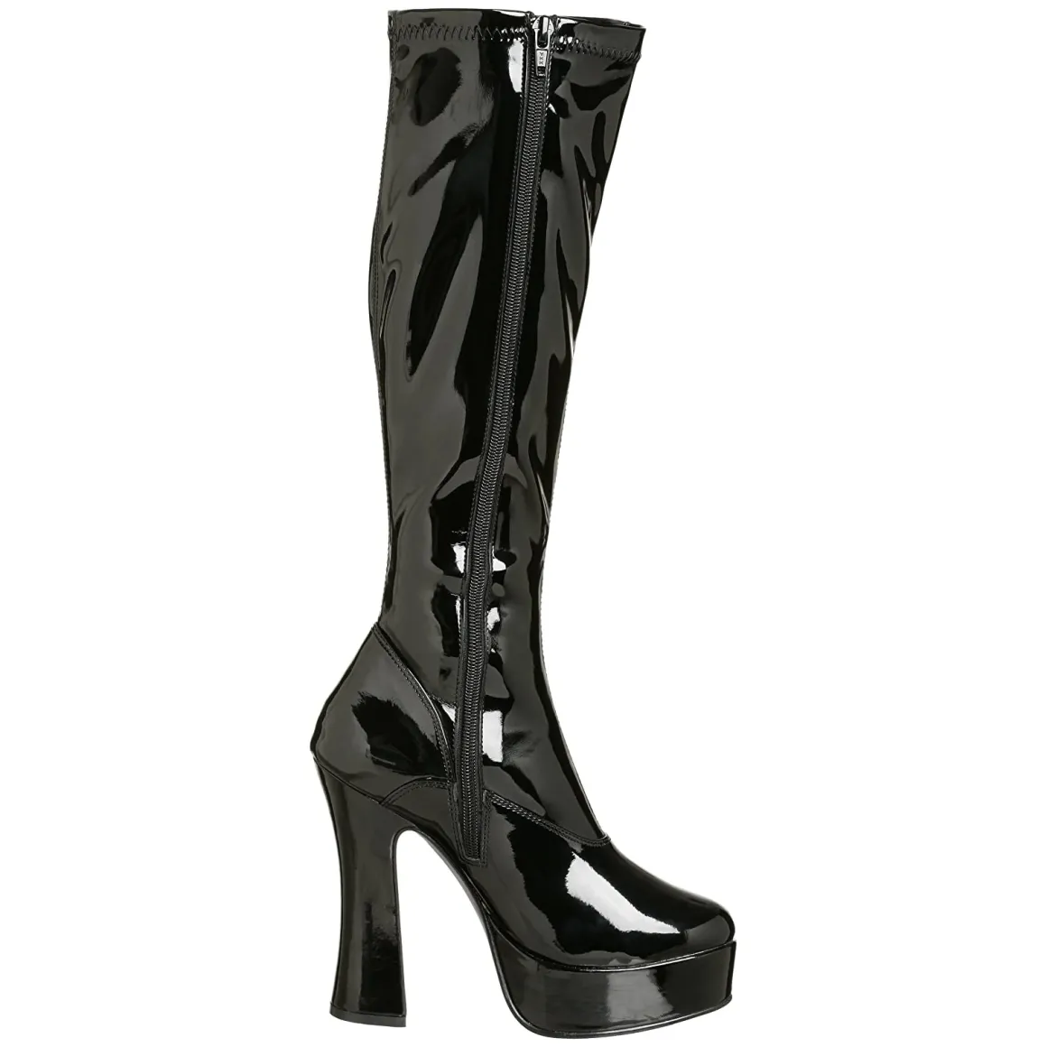 bottes_plateforme_noires__2.webp Bottes plateforme noires verni années 70 - hippie disco botte haute à talon carré 13 cm