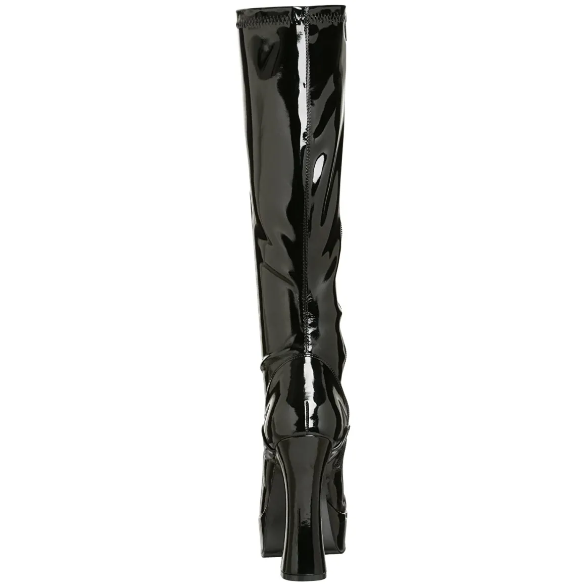 bottes_plateforme_noires__4.webp Bottes plateforme noires verni années 70 - hippie disco botte haute à talon carré 13 cm