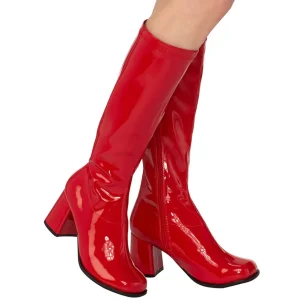 Bottes rouges en cuir verni années 70 - hippie disco gogo botte haute à talon carré 7,5 cm