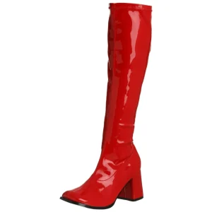 Bottes rouges en cuir verni années 70 - hippie disco gogo botte haute à talon carré 7,5 cm