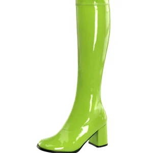 Bottes vertes en cuir verni années 70 - hippie disco gogo botte haute à talon carré 7,5 cm