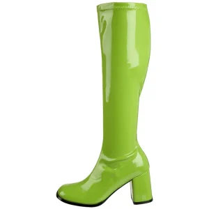Bottes vertes en cuir verni années 70 - hippie disco gogo botte haute à talon carré 7,5 cm