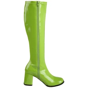 Bottes vertes en cuir verni années 70 - hippie disco gogo botte haute à talon carré 7,5 cm