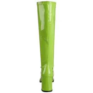 Bottes vertes en cuir verni années 70 - hippie disco gogo botte haute à talon carré 7,5 cm