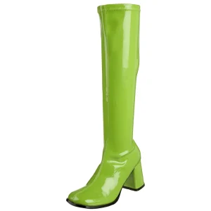 Bottes vertes en cuir verni années 70 - hippie disco gogo botte haute à talon carré 7,5 cm