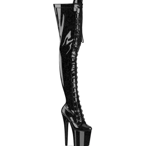 Glitter 20 cm FLAMINGO-3020GP bottes cuissardes talons hauts à lacets noirs