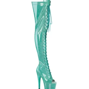Glitter 18 cm PEEP TOE bottes cuissardes talons hauts à lacets vertes