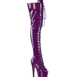 Glitter 18 cm PEEP TOE bottes cuissardes talons hauts à lacets Violet