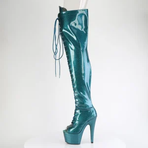 Glitter 18 cm PEEP TOE bottes cuissardes talons hauts à lacets sarcelle