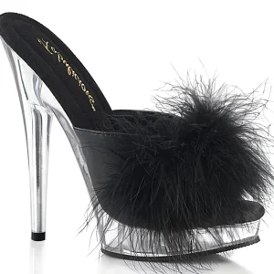 Similicuir 15 cm SULTRY-601F mule à talon hauts plume noirs
