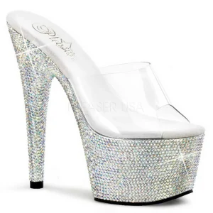 Transparent Argent 18 cm BEJEWELED-701DM Strass Plateforme Mules Hautes